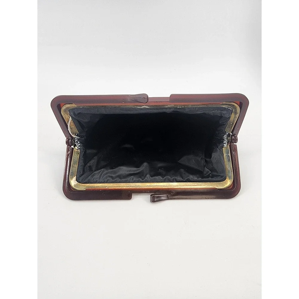 Vintage Floral Tapestry Clutch‎ Bag Faux Tortoise Shell Frame Kiss Lock Black
